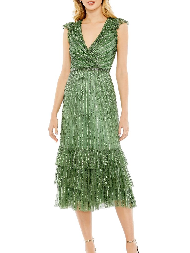 New Mac Duggal Sequined Wrap Over Cap Sleeve Ruffle Hem Dress In Sage 2 Formal